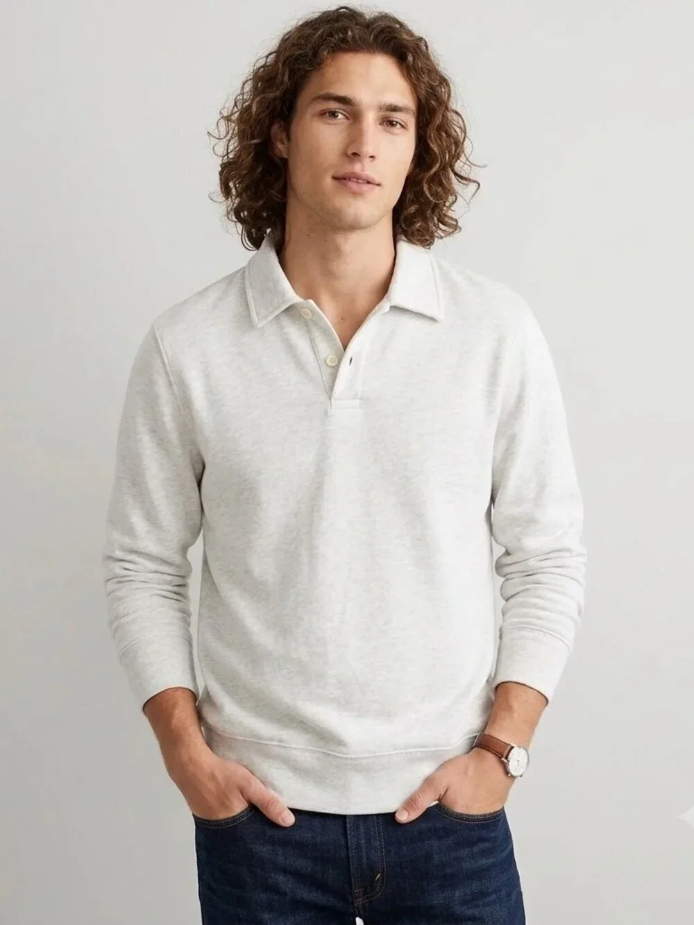 J. Crew Men's Relaxed Lightweight French Terry Polo Sweatshirt Grey Size M NWT